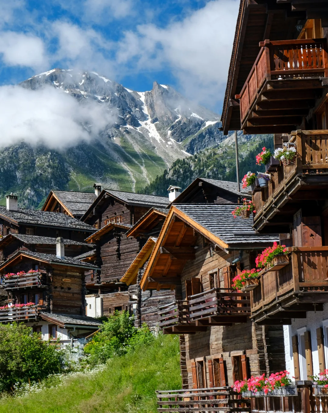 Wooden chalets in a mountain village