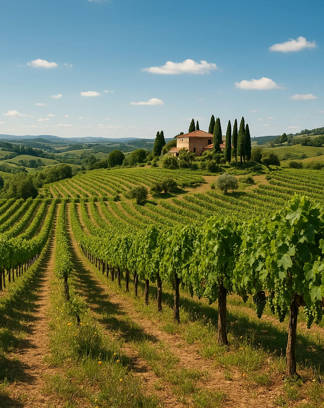 Vineyards and a hilltop villa in Tuscany