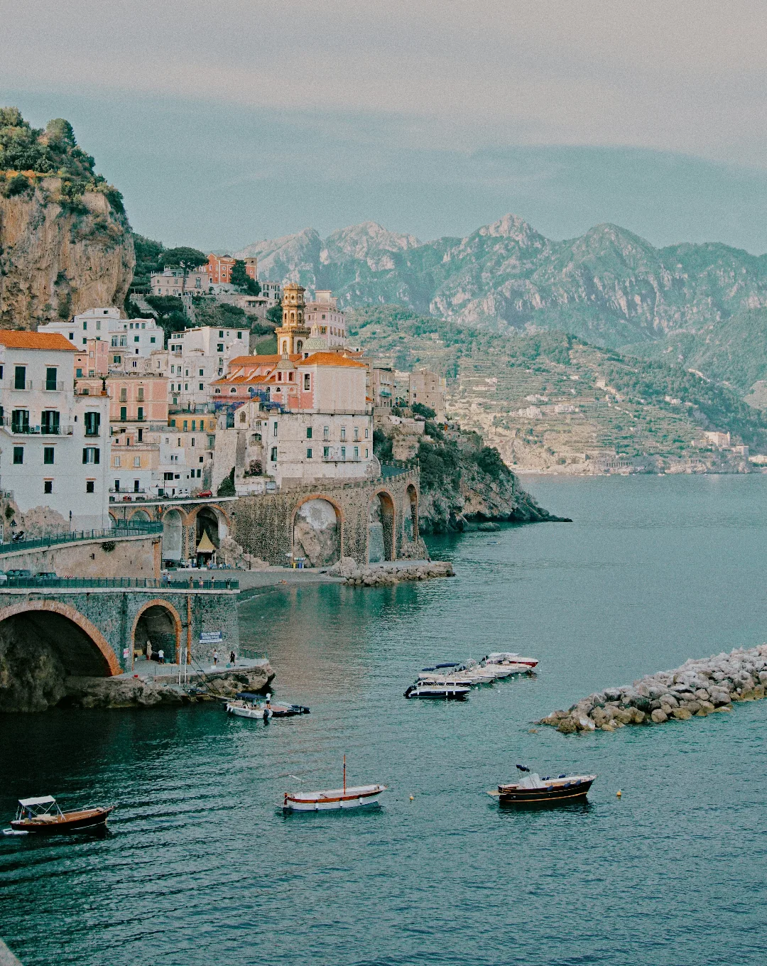Cliffside town and boats on the Amalfi Coast
