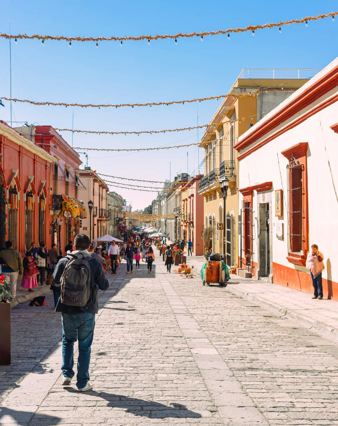 Colourful street with bunting in a Mexican colonial town