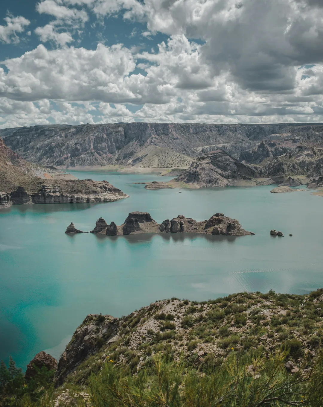 Turquoise lake among rocky islets in Patagonia
