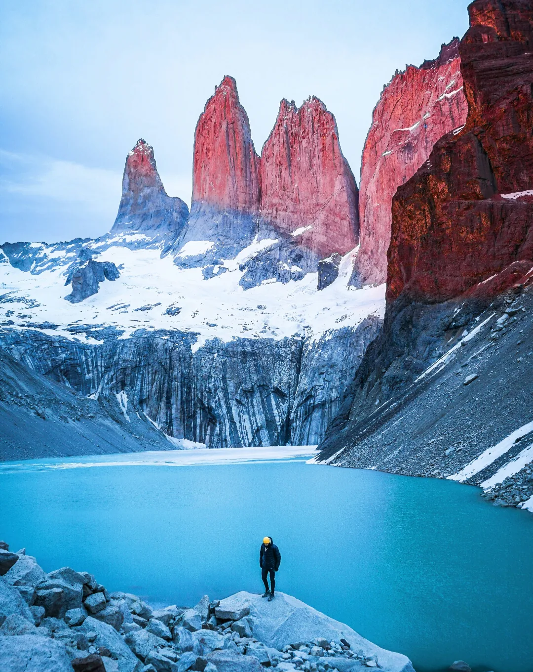 Granite towers above a glacial lake in Patagonia